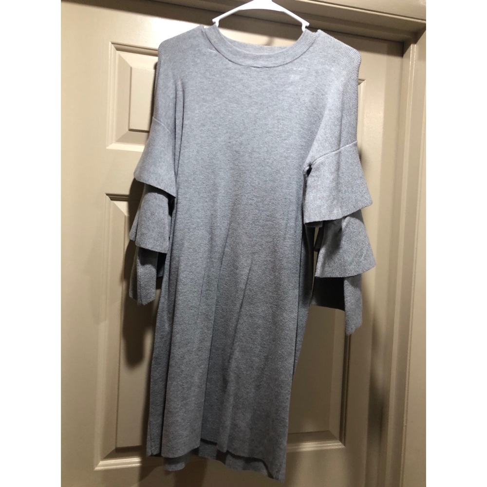 Gray Sweater Dress With Ruffle Sleeve